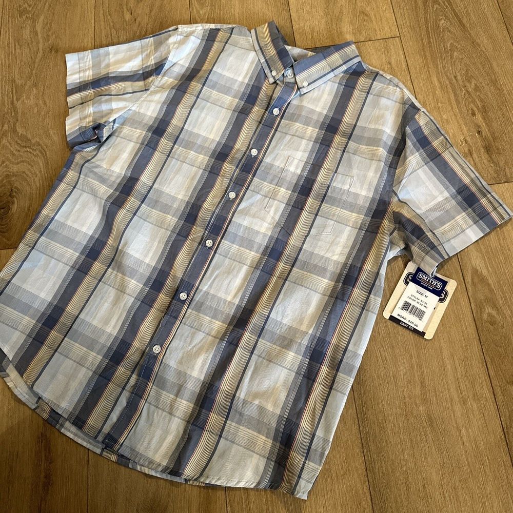Smith's Workwear Men's Blue Plaid Short Sleeve‎ Button Down Shirt Medium NEW